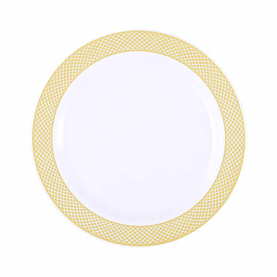 Gold/White Rim Plastic Disposable Salad Dessert Plates - Round Appetizer Plates With Gold Diamond