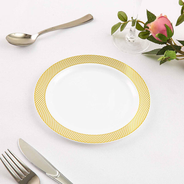 10 Pack - 8" Gold/White Rim Plastic Disposable Salad Dessert Plates - Round Appetizer Plates With Gold Diamond Print Rim