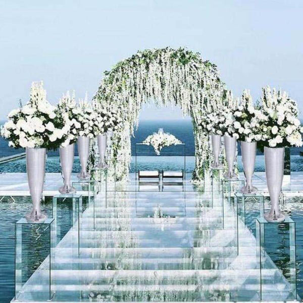 32" Silver Polystone Trumpet Floor Mirrored Mosaic Vases