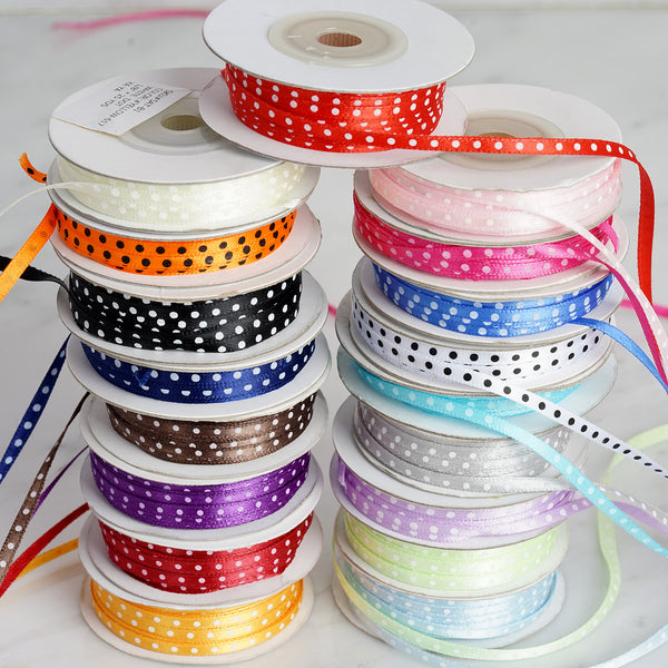 25 Yards 1/8 Inch | Fushia Satin Polka Dot Ribbon | TableclothsFactory