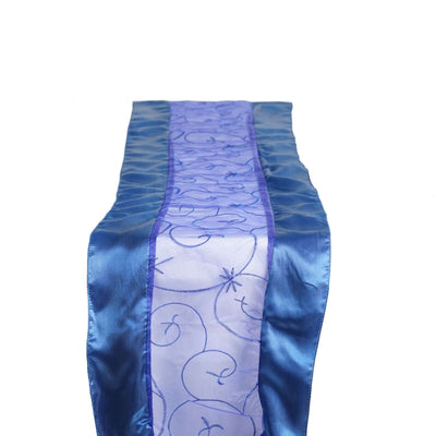 14"x108" Royal Blue Satin Embroidered Sheer Organza Table Runner