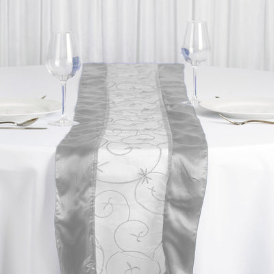 14"x108" Silver Satin Embroidered Sheer Organza Table Runner#whtbkgd