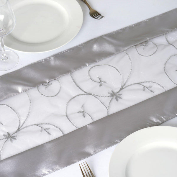 14"x108" Silver Satin Embroidered Sheer Organza Table Runner