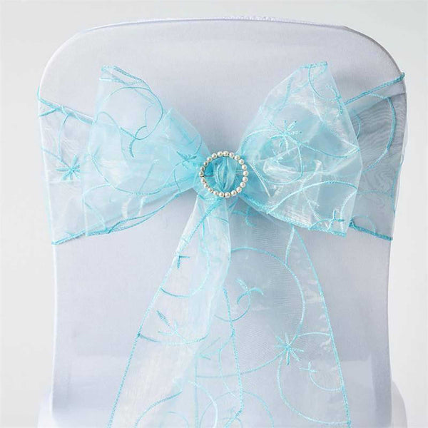 5 PCS | 7 Inch x108 Inch | Light Blue Embroidered Organza Chair Sashes | TableclothsFactory