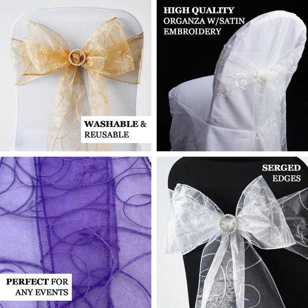 5 PCS | 7"x108" Light Blue Embroidered Organza Chair Sashes