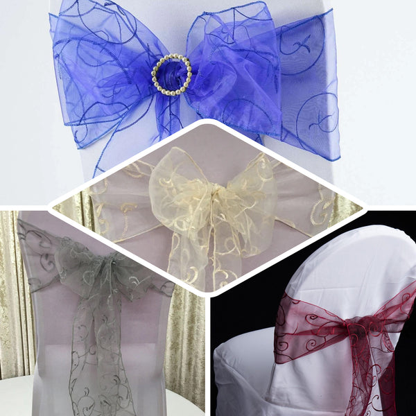 5 PCS | 7"x108" Light Blue Embroidered Organza Chair Sashes