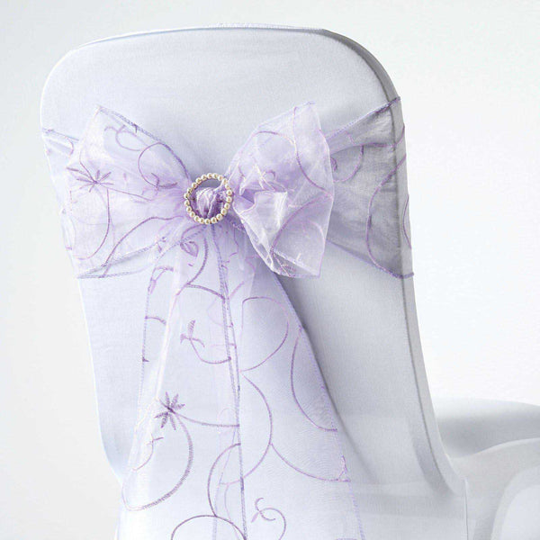 5 PCS | 7 Inch x108 Inch | Lavender Embroidered Organza Chair Sashes | TableclothsFactory