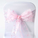 5 PCS | 7 Inch x108 Inch | Pink Embroidered Organza Chair Sashes | TableclothsFactory#whtbkgd