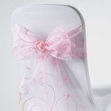 5 PCS | 7 Inch x108 Inch | Pink Embroidered Organza Chair Sashes | TableclothsFactory