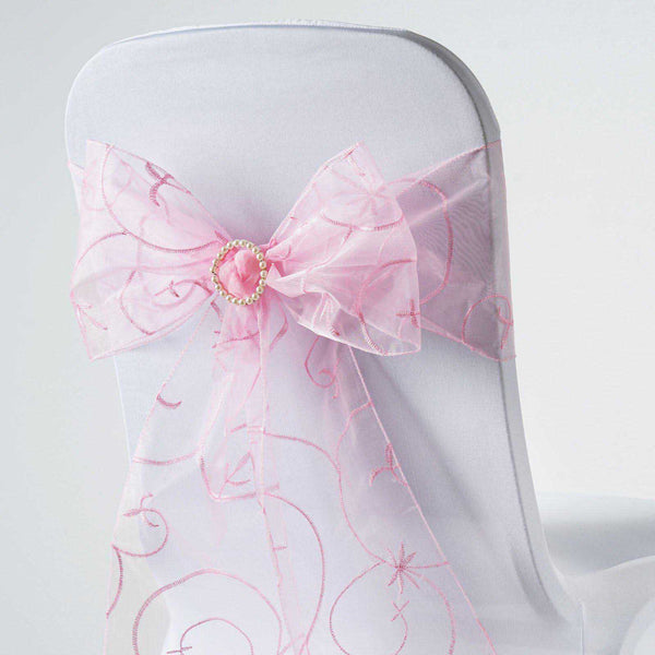 5 Pack | Pink Embroidered Organza Chair Sashes | 7"x108"