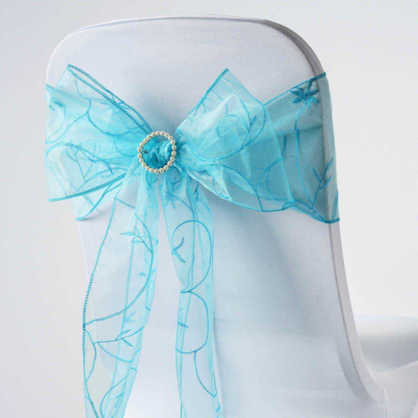 5 Pack | Turquoise Embroidered Organza Chair Sashes | 7"x108"