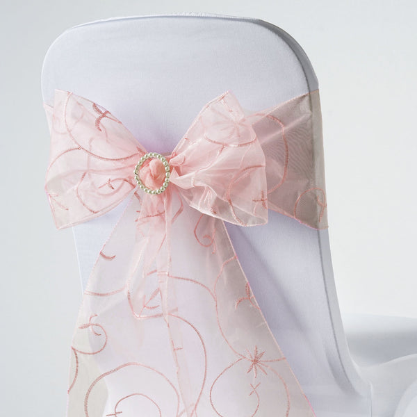 5 Pack | Dusty Rose Embroidered Organza Chair Sashes | 7"x108"