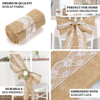 5x108inch| Natural Burlap Lace Chair Sash, Hessian Fabric Rustic Jute Chair Bow