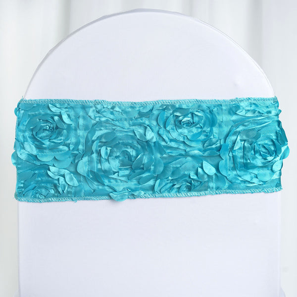 5 Pack | Turquoise Satin Rosette Spandex Stretch Chair Sashes | 6"x14"