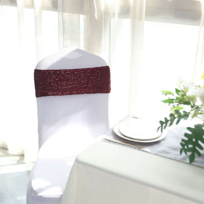 5 Pack | Burgundy 6inch x 15inch Sequin Spandex Chair Sashes, Stretch Fitted Chair Sashes