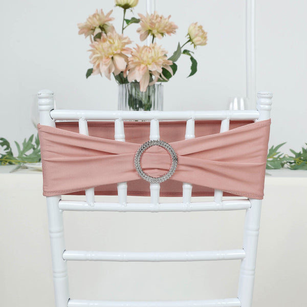 5 Pack | Dusty Rose Spandex Stretch Chair Sashes with Silver Diamond Ring Slide Buckle | 5"x14"