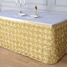 17 FT Champagne 3D Rosette Satin Table Skirt