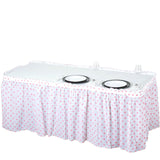 14FT 10 Mil Thick | Polka Dots Pleated Plastic Table Skirts - Disposable Table Skirt Spill Proof - White/Pink