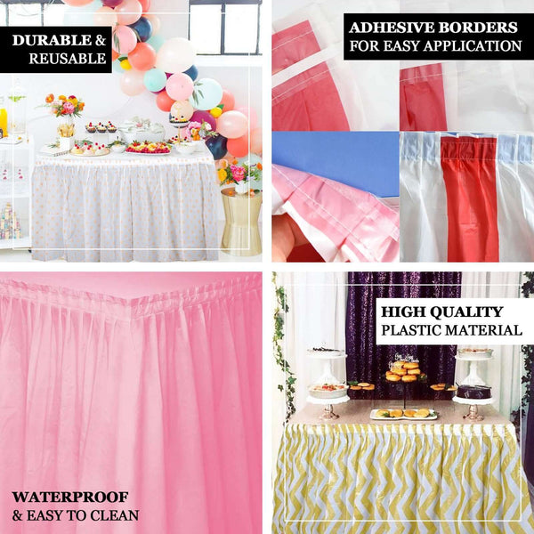 14FT 10 Mil Thick | Polka Dots Pleated Plastic Table Skirts - Disposable Table Skirt Spill Proof - White/Red