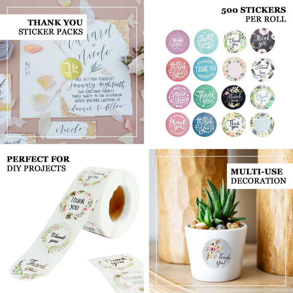 Round Gold Foil Background Thank You Stickers Roll with White Text and Decor, Envelope Seal Labels