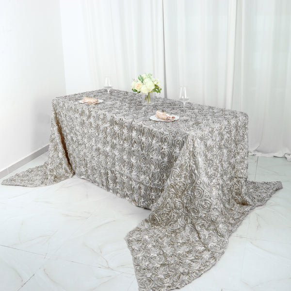 90" x 156" Silver Grandiose Rosette 3D Satin Rectangle Tablecloth