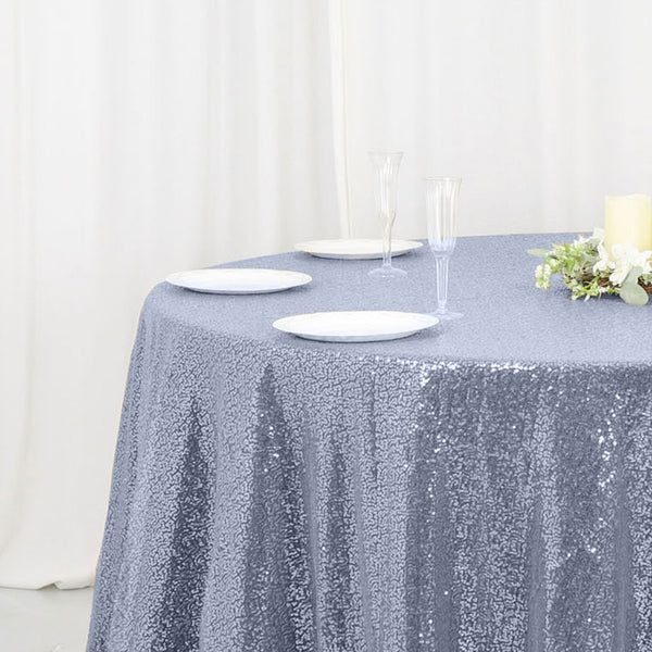 120 inches Dusty Blue Premium Sequin Round Tablecloth