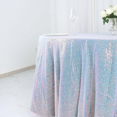 132inch Iridescent Blue Premium Sequin Round Tablecloth, Sparkly Tablecloth