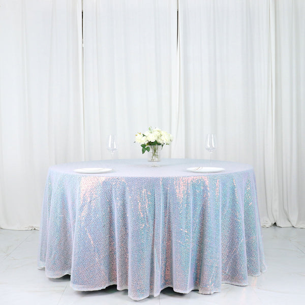 132" Iridescent Blue Premium Sequin Round Tablecloth, Sparkly Tablecloth
