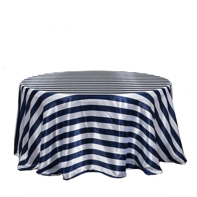 120" | 135 gsm | Navy & White Stripe Premium Round Satin Tablecloth