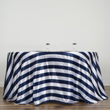 120" | 135 gsm | Navy & White Stripe Premium Round Satin Tablecloth