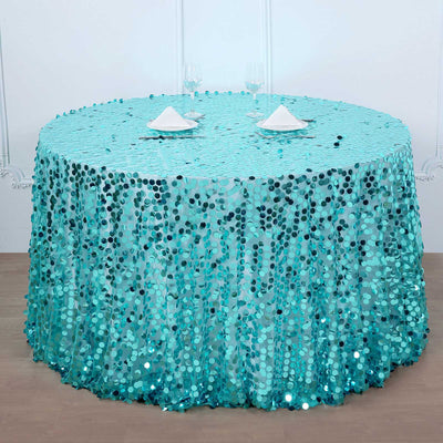 120 Inch | Big Payette Turquoise Sequin Round Tablecloth Premium Collection | TableclothsFactory