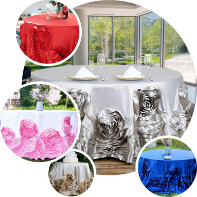 120" Silver Large Rosette Round Lamour Satin Tablecloth