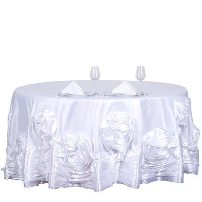 132" White Large Rosette Round Lamour Satin Tablecloth