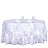 132" White Large Rosette Round Lamour Satin Tablecloth