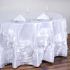 132" White Large Rosette Round Lamour Satin Tablecloth