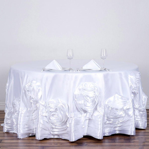 132" White Large Rosette Round Lamour Satin Tablecloth