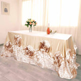 90"x156" Champagne Large Rosette Rectangular Lamour Satin Tablecloth