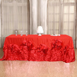 90"x156" Red Large Rosette Oblong Rectangular Lamour Satin Tablecloth