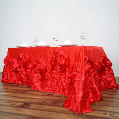 90"x156" Red Large Rosette Oblong Rectangular Lamour Satin Tablecloth