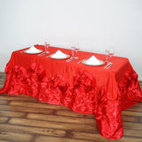 90"x156" Red Large Rosette Oblong Rectangular Lamour Satin Tablecloth