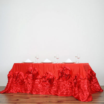 90"x156" Red Large Rosette Oblong Rectangular Lamour Satin Tablecloth