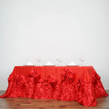 90"x156" Red Large Rosette Oblong Rectangular Lamour Satin Tablecloth