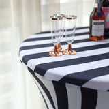Black & White Striped Spandex Stretch Fitted Cocktail Tablecloth - 160GSM Premium Spandex