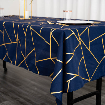 60inch x 102inch Navy Blue Rectangle Polyester Tablecloth With Gold Foil Geometric Pattern