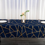 60inch x 102inch Navy Blue Rectangle Polyester Tablecloth With Gold Foil Geometric Pattern