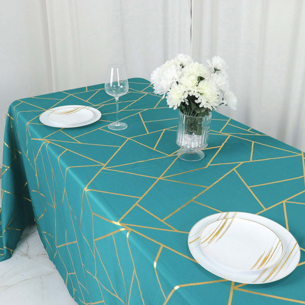 90Inchx132Inch Peacock Teal Rectangle Polyester Tablecloth With Gold Foil Geometric Pattern