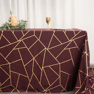 90inch x 156inch Burgundy Rectangle Polyester Tablecloth With Gold Foil Geometric Pattern