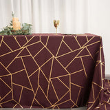 90inch x 156inch Burgundy Rectangle Polyester Tablecloth With Gold Foil Geometric Pattern