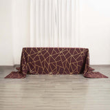 90inch x 156inch Burgundy Rectangle Polyester Tablecloth With Gold Foil Geometric Pattern