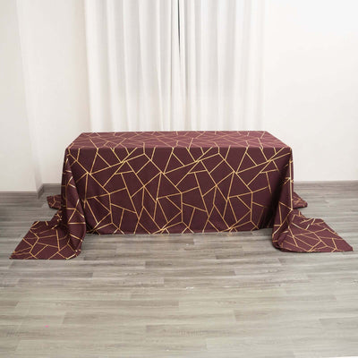 90inch x 156inch Burgundy Rectangle Polyester Tablecloth With Gold Foil Geometric Pattern